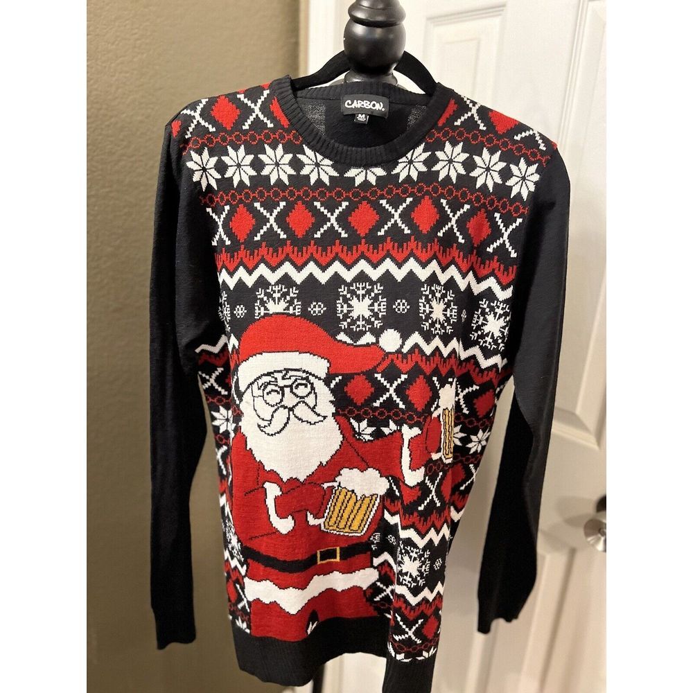 Carbon Beer Santa Holiday Ugly Christmas Sweater Black Red‎ Men's Size M